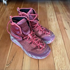 Hoka One One Tor Ultra Hi WP Waterproof Hiking Boots in pink and purple